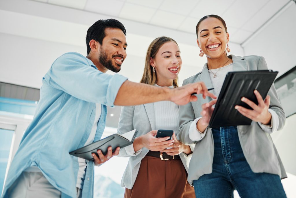 Business people, teamwork and collaboration on tablet for data analytics, marketing results and comparison in office. Professional group of women and man for digital, social media or startup project.